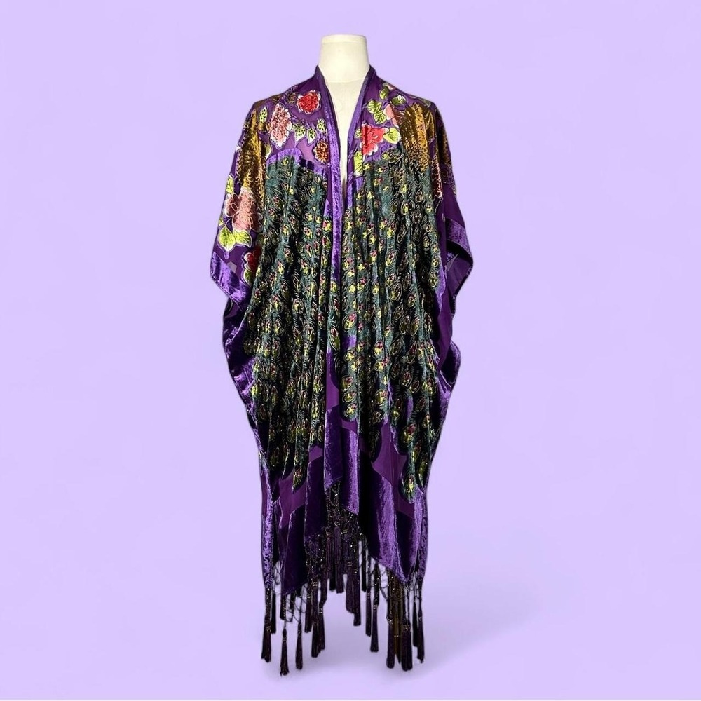 Multicolor Velvet Burnout Kimono Wrap Fringe Tassels Sequins Silk Boho Festival